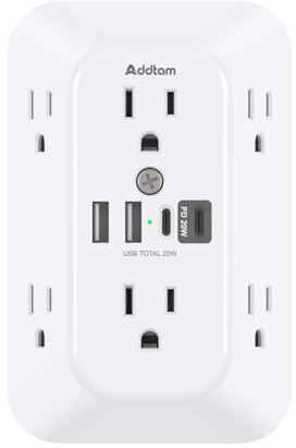 Addtam Surge Protector Outlet Extender, 6-Outlet Splitter with 4 USB Wall Charger(PD 20W), Multi Plug Wall Outlet 1800J Power Strip for Home Office Dorm Room Essentials, White