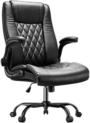 Marsail Bürostuhl Ergonomisch, Chefsessel Bürostuhl mit Hochklappbaren Armlehnen, PU Leder Ergonomischer Schreibtischstuhl mit Kippfunktion Höhenverstellbar Drehbar Rollend für Homeoffice, Schwarz
