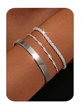 Adramata 3Pcs 925 Sterling Silver Bracelets for Women Girls Adjustable Stackable Bracelets Set Layered Chain Bracelet Silver Bangles for Womens Ladies with Gift Box