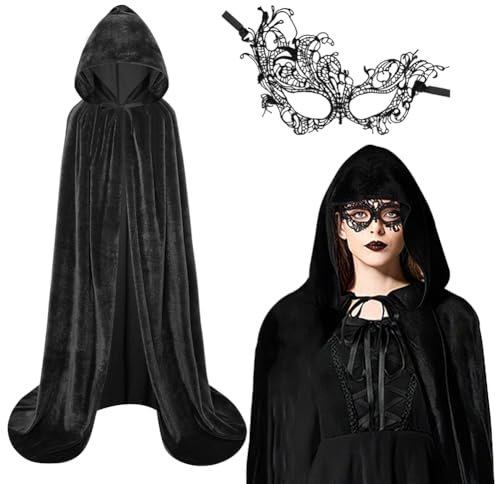 AUYAO Capa Negra Terciopelo, Vampiro Máscara, Pulsera | Capa de Bruja, Máscara, Pulsera de Encaje, Larga Mujer Hombre, Navidad