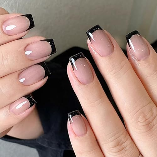 24-Pack Short Square French Tip Press-On Nails, Black Line, Nude Pink | Jelly adhesive tabs included, removable short false nails for daily wear, parties, celebrations and special occasions