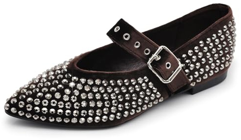 Ballerine A Punta Scarpe da Donna con Cinturino Strass e Brillantini in ciniglia J97 Brown N.38