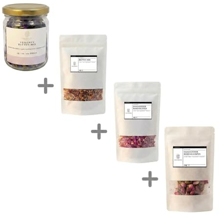 HUA MALOO Blütenzauber Event Set – Getrocknete essbare Blüten (Veilchen, Rosenknospen, Rosenblüten, Blüten-Mix) | Für Tee, Kuchen, Desserts, Cupcakes, Torten, Salate & Deko