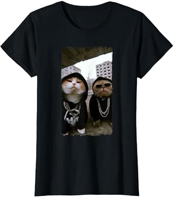 Gangster Chats Streetwear Motif de Chat Cool Drôle T-Shirt, Femme, Noir, M