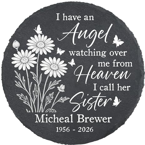 GHOMEK Personalized Sister Memorial Stone, “My Angel Sister Watches Over Me” Sympathy Garden Stepping Stone, Memorial Gift for Loss of Sister (Color 1)