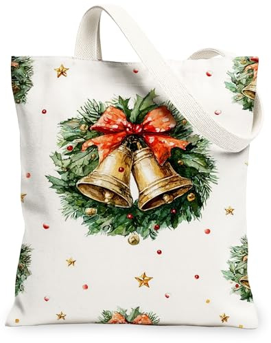 Bolsas de lona para vacaciones, con patrón de corona festiva, bolsas de compras reutilizables, ligeras, lavables, con correa de hombro F, Blanco, 13x15 Inch