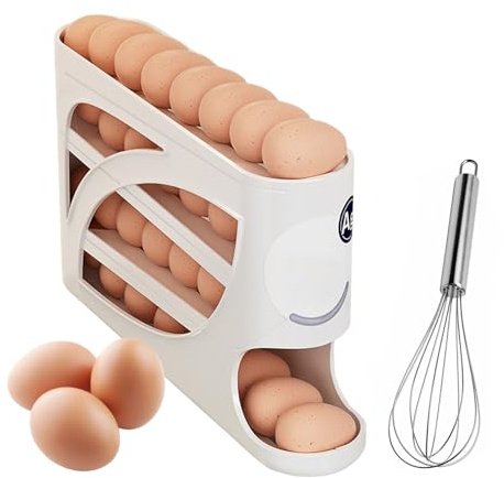 4-Tier Auto Rolling Egg Dispenser Automatic Rolling Egg with Whisk, White