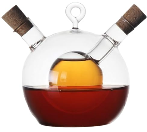 Juego de dispensador de aceite y vinagre, botella de vidrio en forma de bola 2 en 1, botella de aceite de 350 ml + dispensador de vinagre de 50 ml, con tapón de corcho, juego de vinagrera de encime