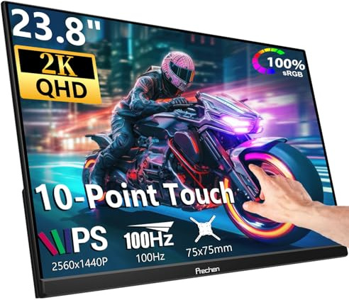 Prechen 23.8 Inch 2K 100Hz Large Portable Touchscreen Monitor 100% sRGB IPS Portable Touch Display QHD w/90° Adjustable Stand USB-C HDMI Laptop Monitor Desktop 2560X1440