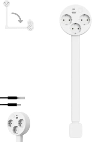 Rallonge Électrique Extensible et Rotative derrière Les Meubles, rotatives à 180°,3 Prises AC + Ports USB-A/USB-C, Longueur Réglable 47-67 cm pour Les espaces étroits et derrière Les Meubles