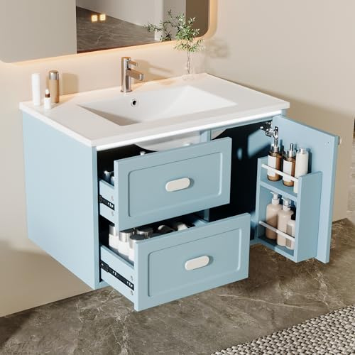 YuQozii 76 x 46 x 51 cm, mobile da bagno, completamente laccato, illuminazione a LED, due cassetti, guide scorrevoli, lavabo integrato (blu)