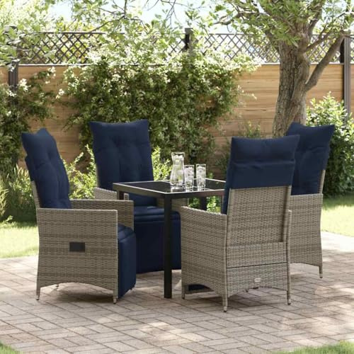 RMIHSJG Lot de 5 chaises et table de jardin en rotin synthétique gris avec coussins, meubles d'extérieur modernes pour terrasse avec structure en acier et plateau en verre, groupe de sièges réglables