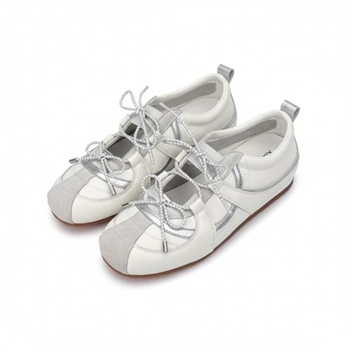 Women's Y2K Retro Sporty Ballet Flats, Boxing Inspired Quilted Lace Up Shoes, Metallic PU Leather Thin Sole Sneakers for Streetwear Walking (8.5,Beige)