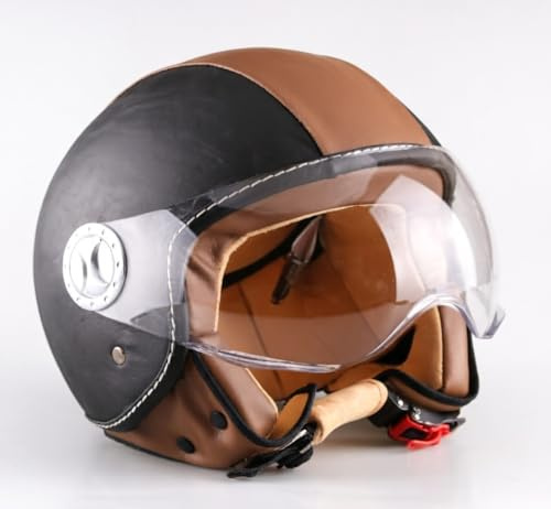 Casco Jet Moto con Doppia Visiera, Nero/Pelle, Visierino Parasole Integrato, Varie Taglie (M)
