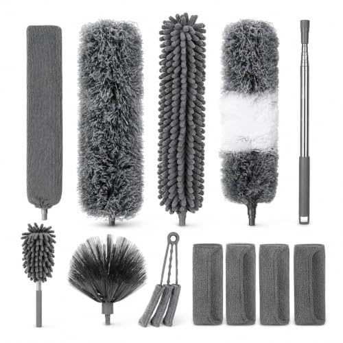 12 Piezas Plumero Telescopico Extensible 25-245 cm, Plumero Microfibra | Set lavable con palo extensible limpieza y varios cabezales para techos, telarañas, persianas, radiadores, muebles y coche
