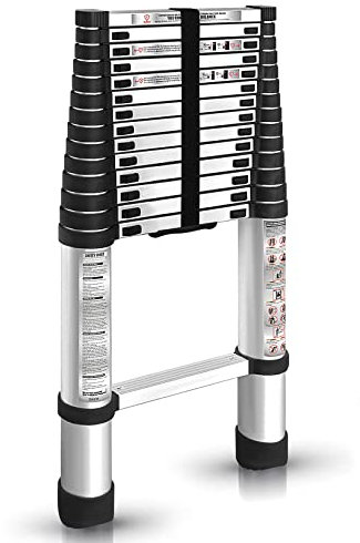 findmall 14.5FT / 4.4M Aluminum Telescopic Ladder Folding Step Inward Sliding Retraction Extension Ladder Multi-Use Non-Slip Collapsible Ladder Telescoping Ladders