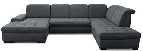 CAVADORE U-Form Lexi mit XXL-Longchair / Inkl. Bett, Stauraum und Kopfteilfunktion / Leichte Fleckenentfernung dank Soft Clean / 329 x 82-99 x 224 / Flachgewebe: Dunkelgrau