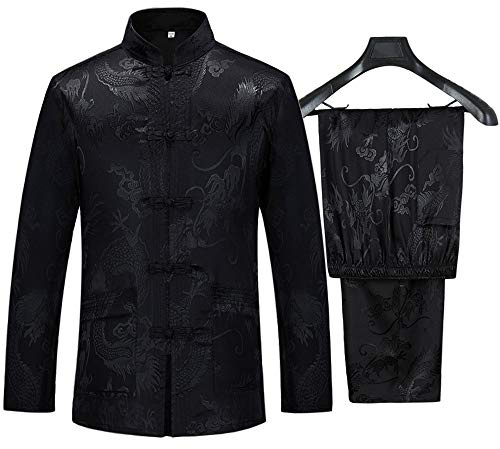 Tang Suit Men Hanfu Chinese Traditional Clothes Kung Fu Shirt Uniform Long Sleeved Coat Tops and Pants (Black, X-Large)