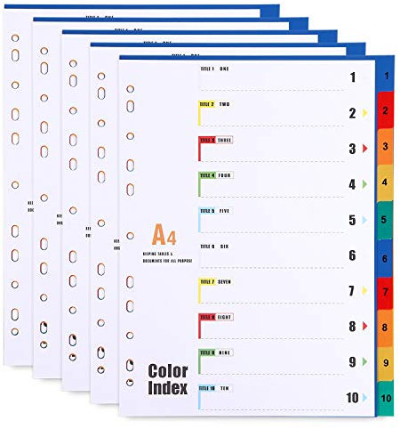 10-teiliges Register/Trennblätter DIN A4, aus PP, Mehrfarbig Trennlaschen Nummer 1-10, 5 Stück