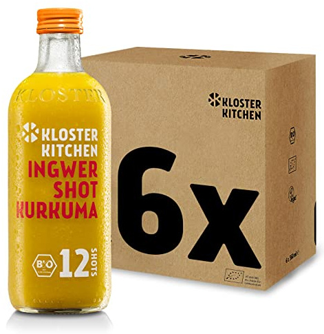 Kloster Kitchen Bio Ingwer Shot Kurkuma 12SHOTS 6x 360 ml mit echten Ingwerstückchen, Ingwer Shots mit Kurkuma in Glasflasche, vegan ohne Zusatzstoffe & mit natürlicher Süße (inkl. 1,50€ EINWEG Pfand)