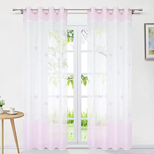 Delien Voile Gardinen Modern Transparente Gardinenschals Landhaus für Wohnzimmer »Schmetterling« Vorhang mit Stickerei Flächenvorhänge Fenster Schal mit Ösen 1 St.,BxH 140x245cm,Rosa