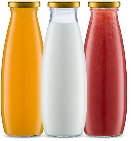 Danmu Art - 500ml Glass Milk Bottles with Lids - Gold Lids - Juice Milk Jam Storage Dispenser Bottles Set of 3