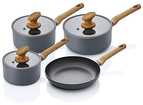 Swan SWPS35010GRYN Nordic 4-Piece Pan Set with Wood Effect Handles, Aluminium, Grey