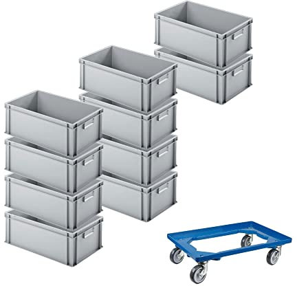 PROREGAL SET SUPER ÉCONOMIQUE 10x Bac Euro avec poignée fermée & 1x rouleau de transport bleu | HxLxP 22x40x60cm | 38 litres | Eurobox, boîte industrielle, boîtes de rangement, empilables