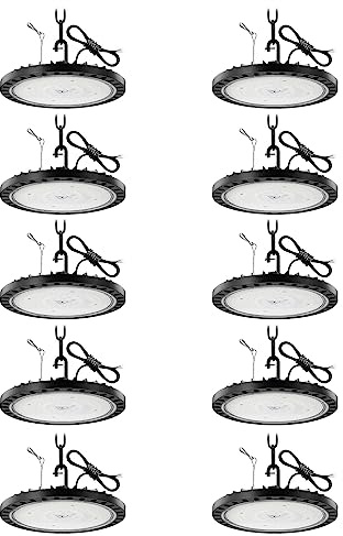 Viugreum 10-pack 200 W LED UFO hög facklampa, 6 500 K dagsljus vit 20 000 LM verkstadsbelysning, IP65 vattentät kommersiell butik industriell lampa belysning armaturer med 50 cm kedja för