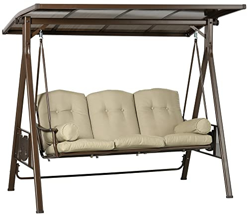 Outsunny Dondolo da Giardino 3 Posti in Acciaio e Poliestere con Tettuccio Inclinabile in PC e Cuscini per Schienale e Braccioli, 208x120x174 cm, Marrone e Kaki