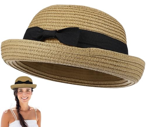 STOBOK Women S Straw Bowler Hat with Bowknot Dome Roll-up Wide Brim Sun Hat Lightweight Summer Beach for Outdoor Activities