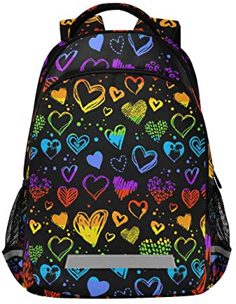 Regenbogen Herz Schulrucksack für Jungen Mädchen Mittelschule Grundschule Büchertaschen, mehrfarbig, Einheitsgröße