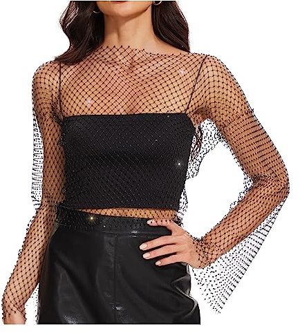 JasGood Top de malla brillante con cadena corporal de strass para mujer, top corto de bikini deslumbrante para discoteca, fiesta, festival, Tallaúnica