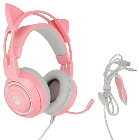 MOTUZP SYG25 - Cuffie da gioco con orecchie di gatto, colore rosa, USB + spina da 3,5 mm, supporta la regolazione del volume, microfono per ragazze e donne (rosa)