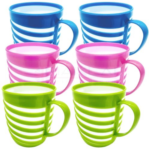 MAKREL Unbreakable Lightweight Plastic Drinking Cups for Camping, Kids Party, Travel & Outdoor Tea Coffee Mugs BPA Free with Handle (Striped, Pack of 6)