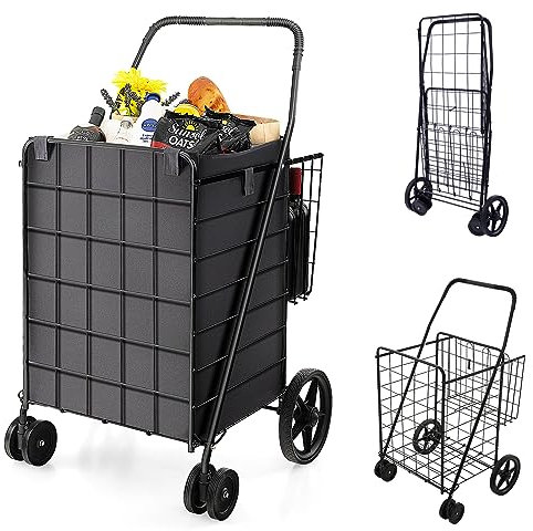 TANGZON Folding Shopping Cart on 6 Wheels, 120L Metal Grocery Cart with Extra Basket, Removable Liner & Non-slip Handle, Jumbo Portable Utility Push/Pull Trolley for Mobility Groceries Laundry