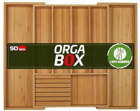 Orga-box UNIVERSAL Cubertero 400-600 mm de bambú ajustable | para anchura de cajón hasta 7 compartimentos para profundidad de 473 mm Medida interior incl. taco para 6 cuchillos