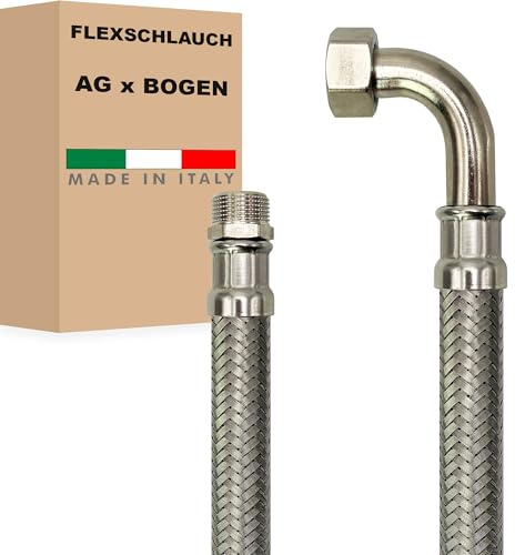Flexschlauch DN13-1/2 Edelstahl Panzerschlauch Sanitär Hauswasserwerk - Made in Italy (1/2 AG x 1/2 BOGEN, 100 cm)