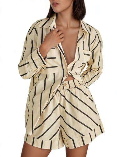 Tankaneo Gestreifte 2-teilige Damen-Outfits, Hemden und Shorts, Lounge-Set, passende Sets, Beige, Medium