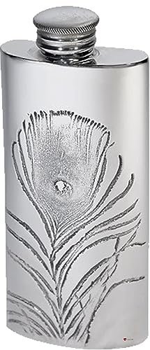 I LUV LTD 2oz Delgado Compacta Petaca de Peltre Grabado con Único Diseño de Plumas de Pavo Real Pulido Tornillo Top Prabar Petacas para Hombre Personalizado