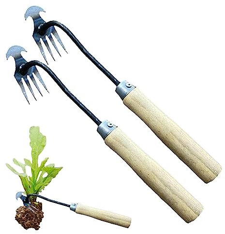 weiting 2 herramientas de jardinería, deshierbe manual de 4 dientes, deshierbe con mango de madera, tenedor de malezas para plantas, excavación, escarda, cuidado de flores y verduras