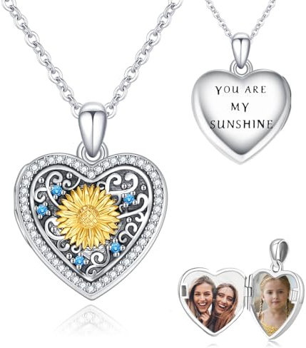 REDSUN Herz Medaillon Halskette 925 Sterling Silber Sonnenblume Herz Medaillon Kette hält Bilder Foto Amulett Medaillon Schmuck für Frauen Mädchen Mutter Damen