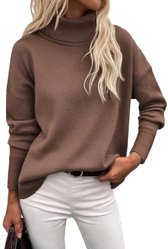 Zeagoo Pull Femme Col Roulé Hiver Chic Elégant Pulls Longues Chaud Pullover Décontracté Automne Jumper Tricoté Tops Marron M