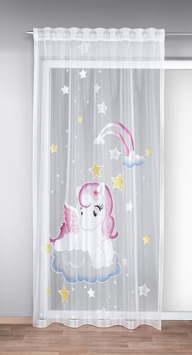 KAMACA Gardine mit verdeckten Schlaufen und Gardinenband Kinderzimmer Voile Weiss transparent Fertiggardine mit wundervollem Motiv Kindergardine HxB 245 x 140 cm (Pony)