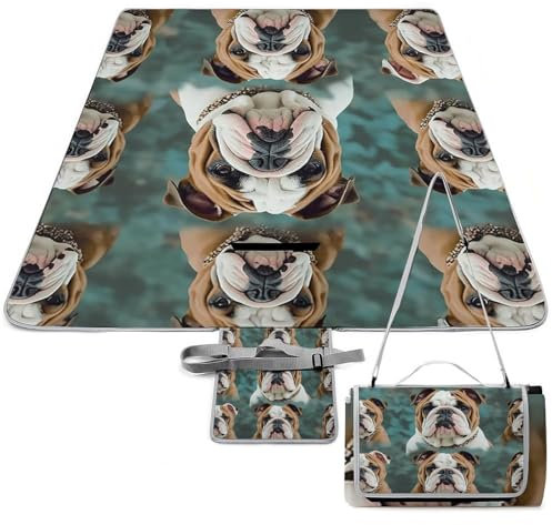 VFMKT Lustige Picknickdecke mit englischer Bulldogge, wasserdicht, faltbar, leicht, tragbar, Stranddecke für Park, Reisen, Camping, Picknickdecke, Zubehör für Erwachsene (147 x 147 cm)