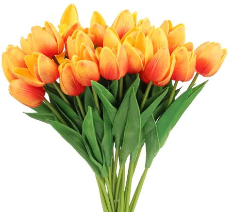 QUARKZMAN 24Pcs Künstliche Tulpen, PU Fake Tulpen, Gefälschter Tulpenstrauß Echte Berührungsblumen für Zuhause Dekor Hochzeit Hotel Büro Mittelstück Dekor（Orange）