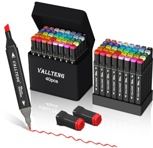 Vallteng Pennarelli ad Alcool 40 Colori,Pennarelli da Disegno Doppia-Punta Pennello e Punta Chisel, Adatti per Sketch, Colorare, Illustrazioni, Disegnare, Anime,Fornito Con Borsa e Supporto