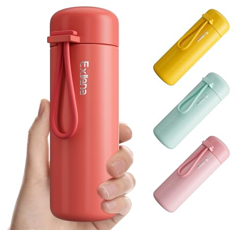 Exllena Small Flask 200ml Made of 304 Stainless Steel, Double Wall Vacuum Insulation for Hot&Cold Drinks, Mini Flask with Carry Handle - 100% Leakproof(Coral Red)