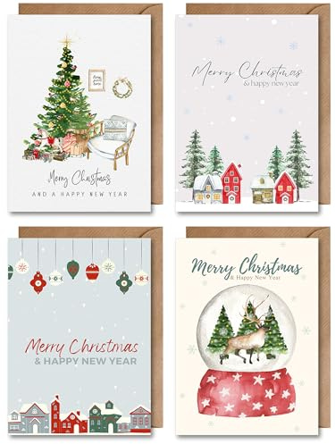 WBdesignz 4er Set Weihnachten Karte mit Umschlag - Merry Christmas klassischer Weihnachtskartenset Weihbaum Weihnachtsstadt Schneekugel Rentier Weihnachtsfeier Heiligabend Adventszeit (DIN A6)