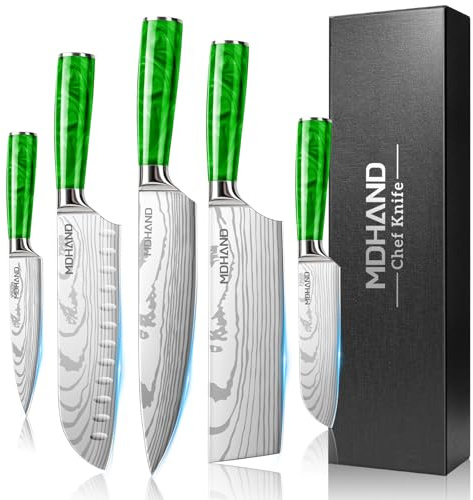 MDHAND Set de Couteaux de Cuisine,Couteaux de Cuisine 5 pièces tranchants en acier inoxydable avec manche ergonomique,Set cadeau parfait pour les cuisiniers professionnels et débutants
